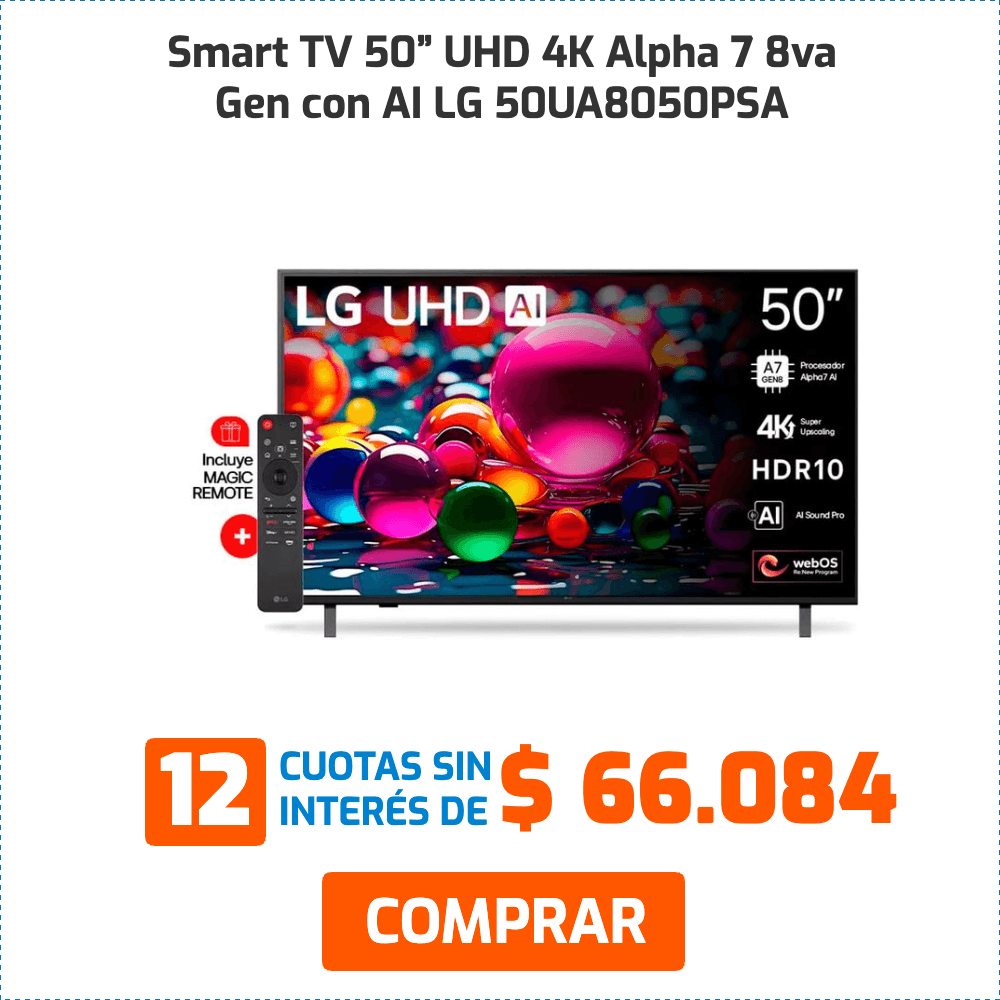 Smart TV 50" UHD 4K Alpha 7 8va Gen con AI LG 50UA8050PSA Incluye MAGIC REMOTE 12 CUOTAS SIN INTERÉS DE $66.084 COMPRAR
